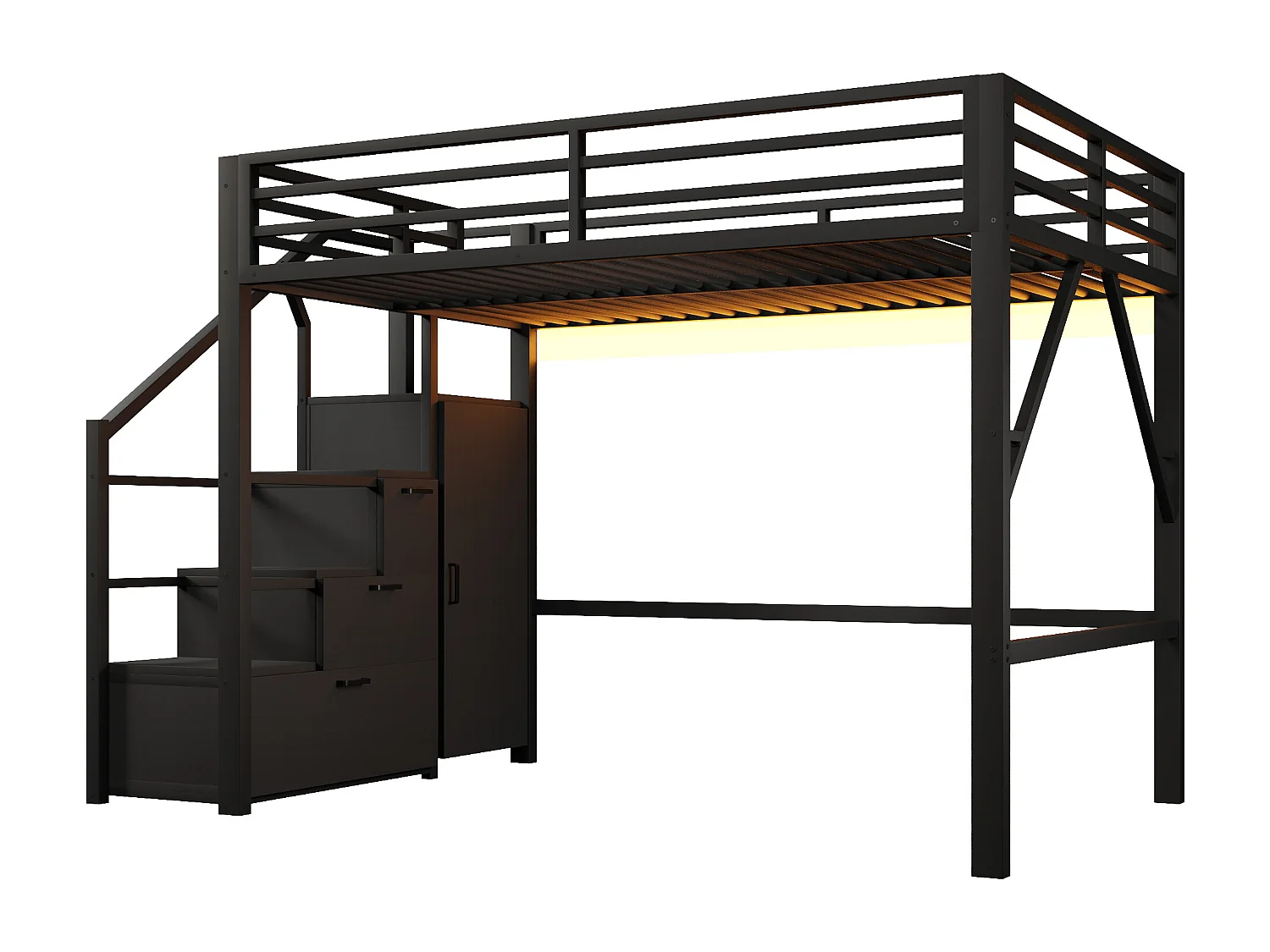 Cama loft em metal 140x200 cm - com arrumação e guarda-roupa - iluminação LED - escada com arrumação - preto (colchão não incluído)