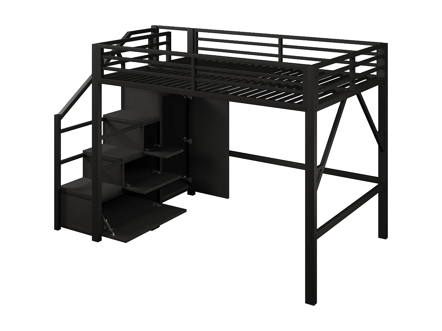 Cama loft em metal 140x200 cm - com arrumação e guarda-roupa - iluminação LED - escada com arrumação - preto (colchão não incluído)