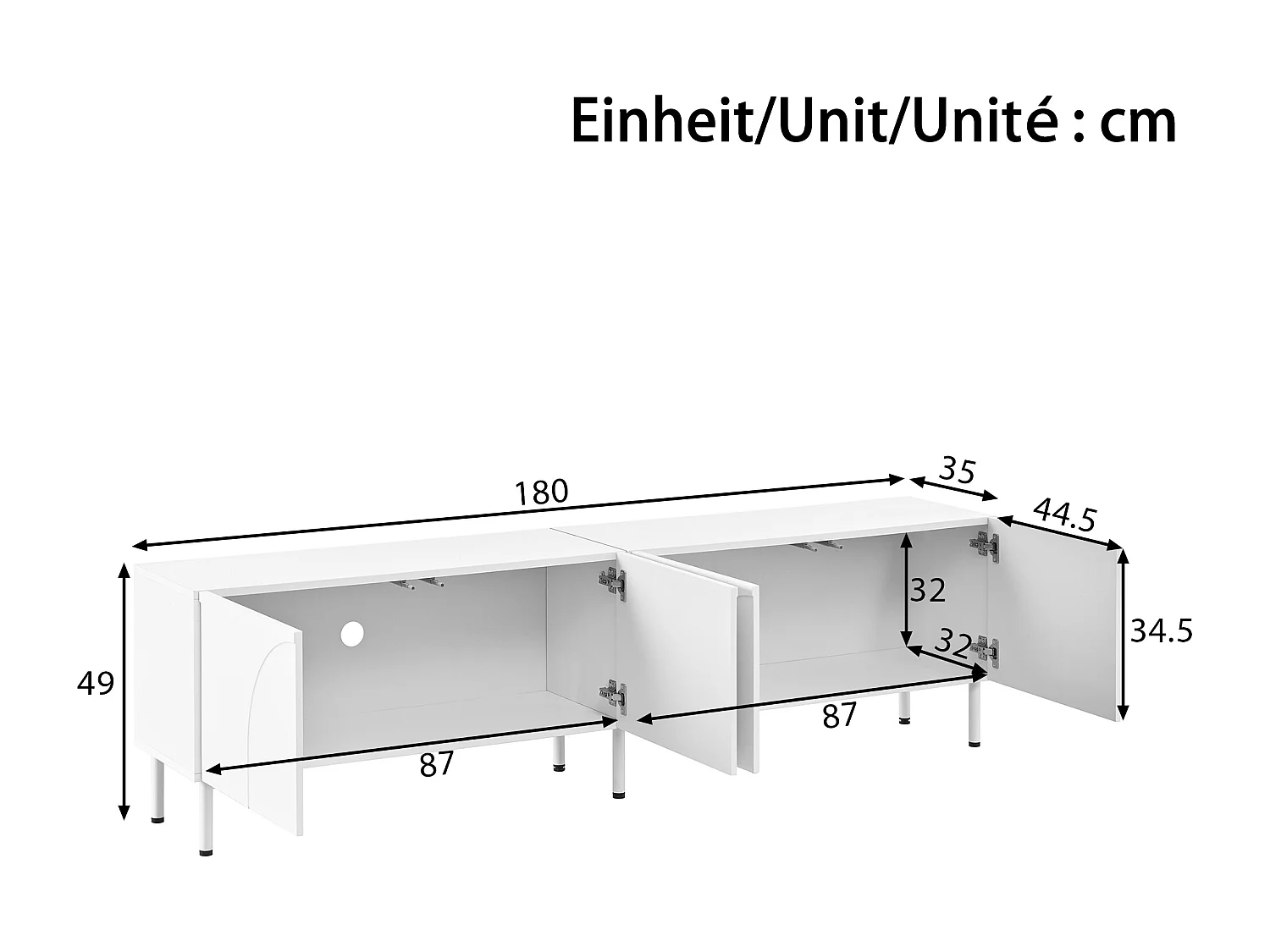 Modernes TV-Lowboard 180x35x49 cm - 3D-Kurvendesign - Lowboard mit 4 Türen - Metallbeine - MDF + Spanplatten - Weiß