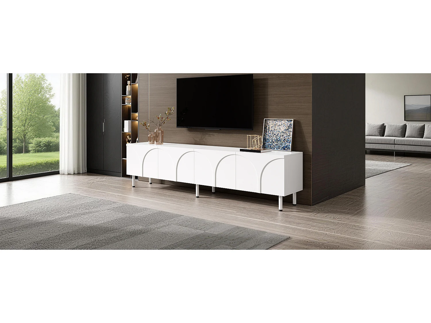 Modernes TV-Lowboard 180x35x49 cm - 3D-Kurvendesign - Lowboard mit 4 Türen - Metallbeine - MDF + Spanplatten - Weiß