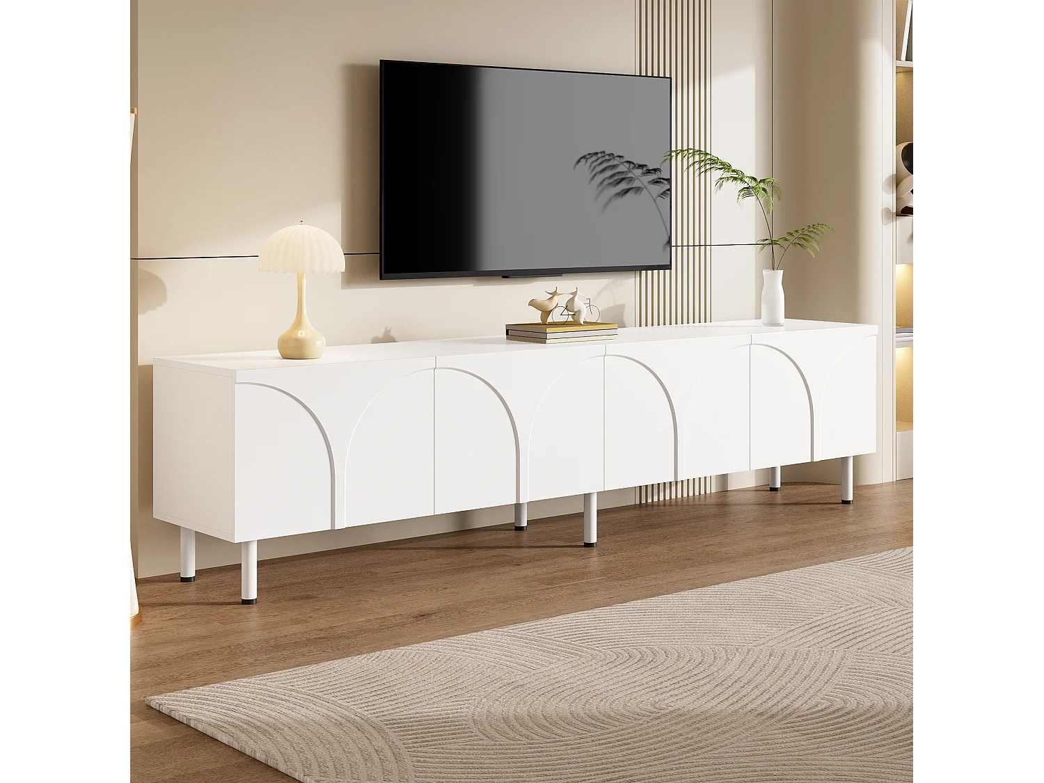 Modernes TV-Lowboard 180x35x49 cm - 3D-Kurvendesign - Lowboard mit 4 Türen - Metallbeine - MDF + Spanplatten - Weiß