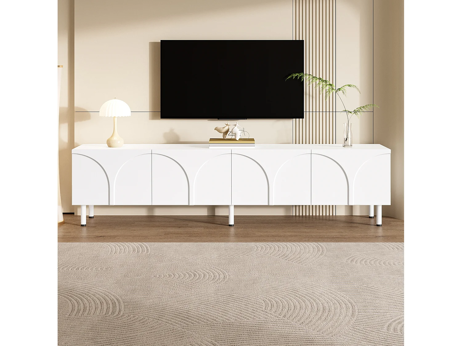 Modernes TV-Lowboard 180x35x49 cm - 3D-Kurvendesign - Lowboard mit 4 Türen - Metallbeine - MDF + Spanplatten - Weiß