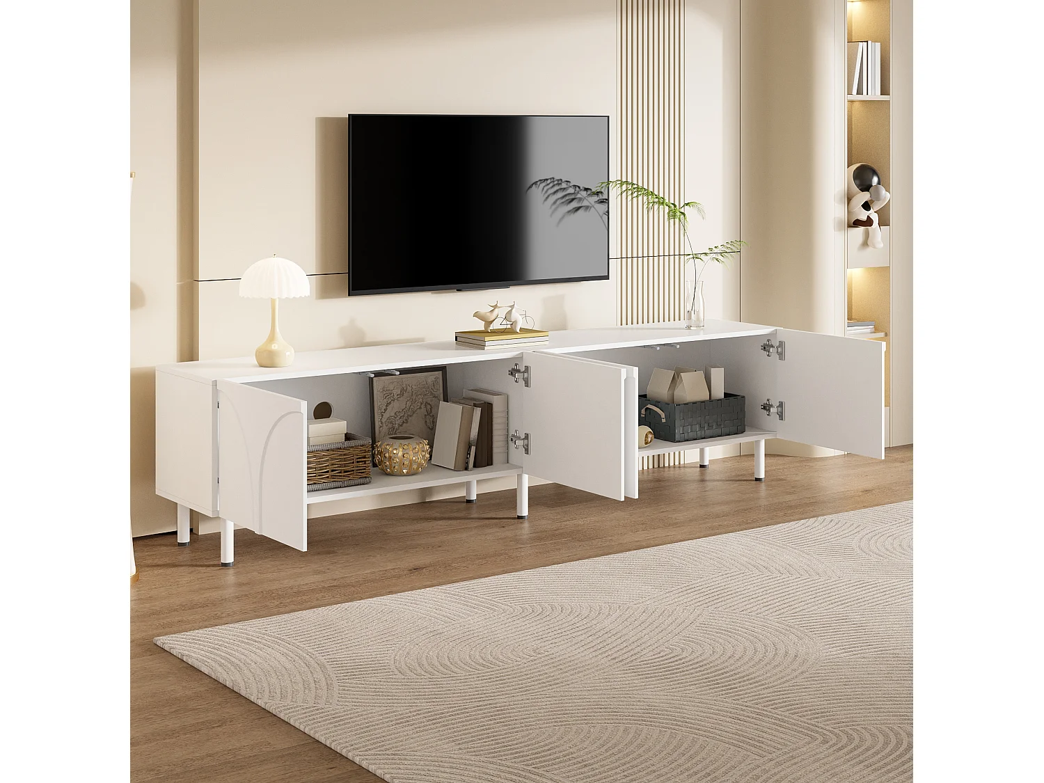Modernes TV-Lowboard 180x35x49 cm - 3D-Kurvendesign - Lowboard mit 4 Türen - Metallbeine - MDF + Spanplatten - Weiß