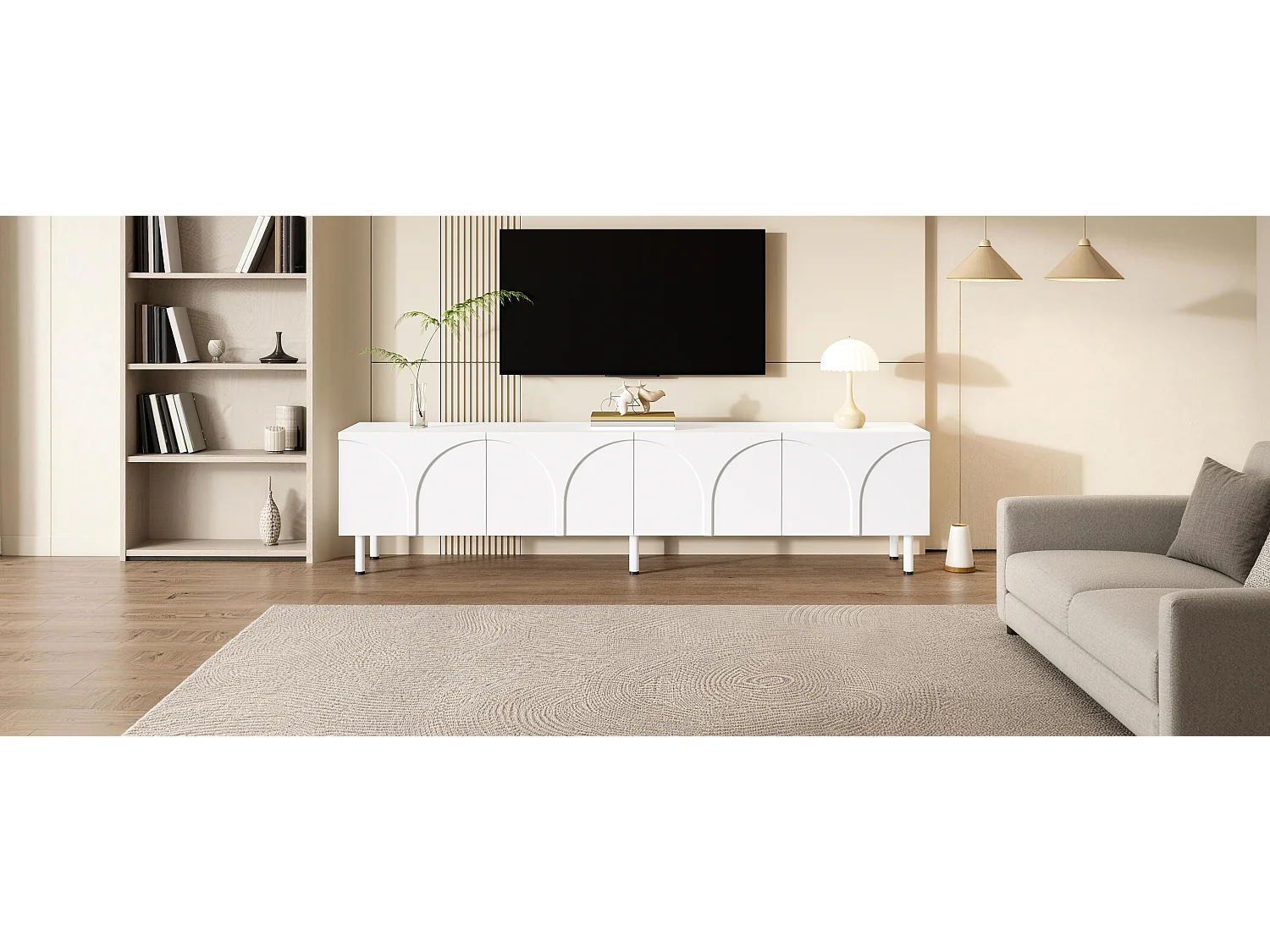 Modernes TV-Lowboard 180x35x49 cm - 3D-Kurvendesign - Lowboard mit 4 Türen - Metallbeine - MDF + Spanplatten - Weiß