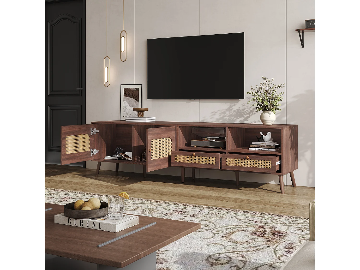 TV Stand 200x37x49.5cm - with 2 rattan doors - 2 drawers - for 80" TVs - Brown