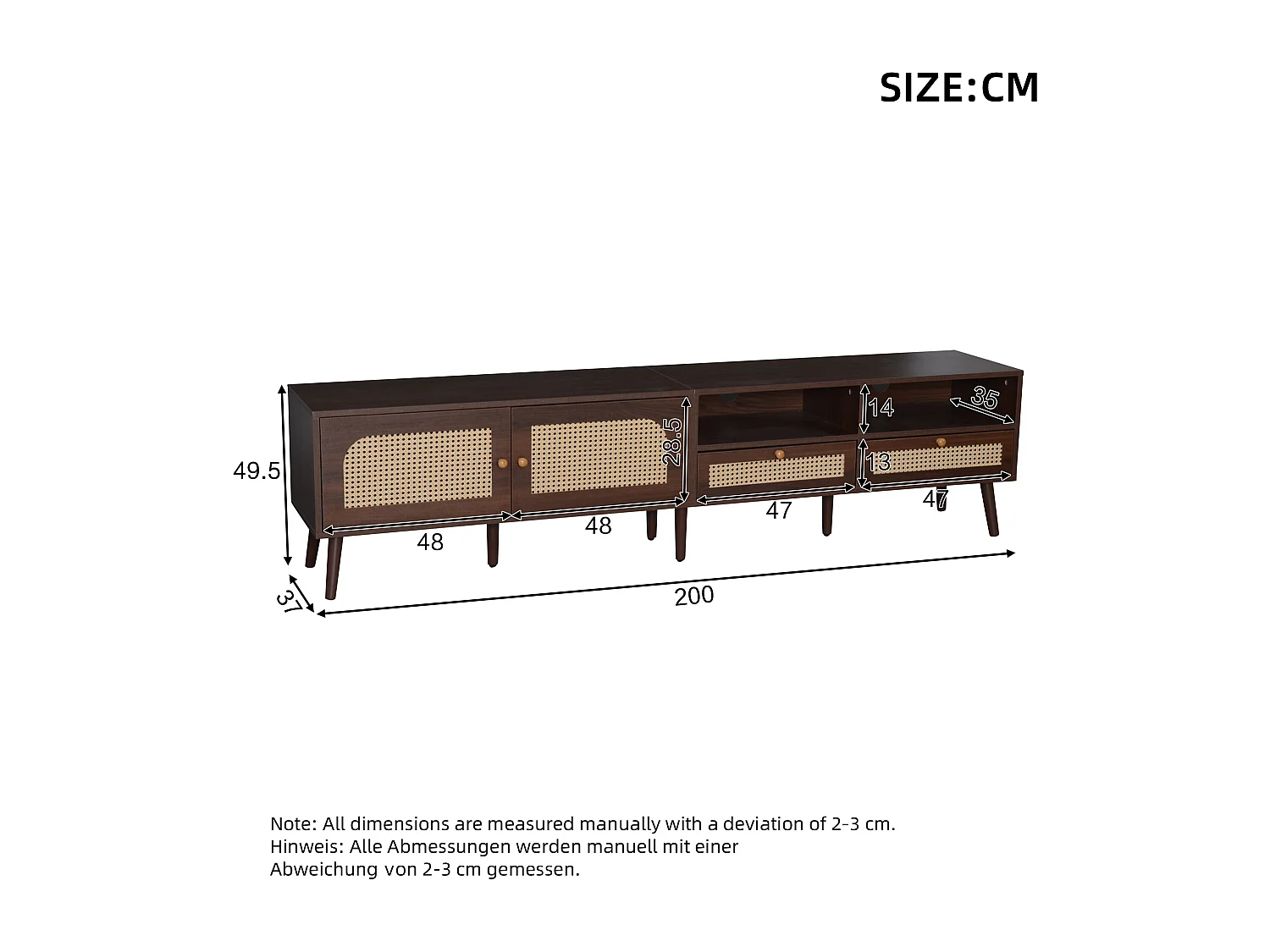 TV Stand 200x37x49.5cm - with 2 rattan doors - 2 drawers - for 80" TVs - Brown