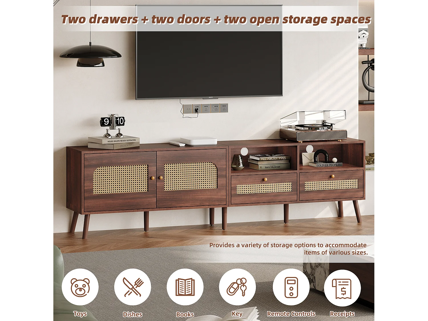 TV Stand 200x37x49.5cm - with 2 rattan doors - 2 drawers - for 80" TVs - Brown