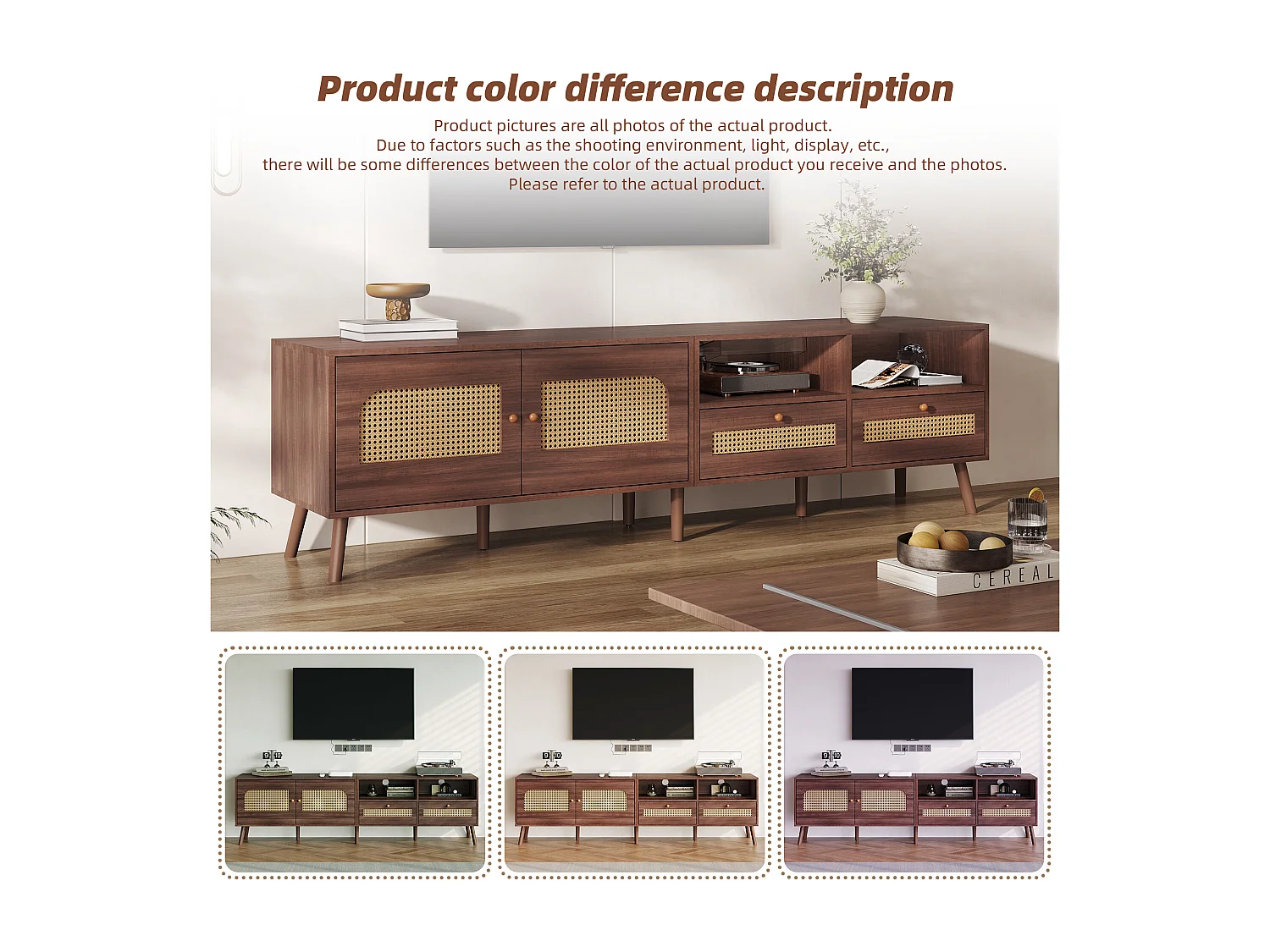TV Stand 200x37x49.5cm - with 2 rattan doors - 2 drawers - for 80" TVs - Brown