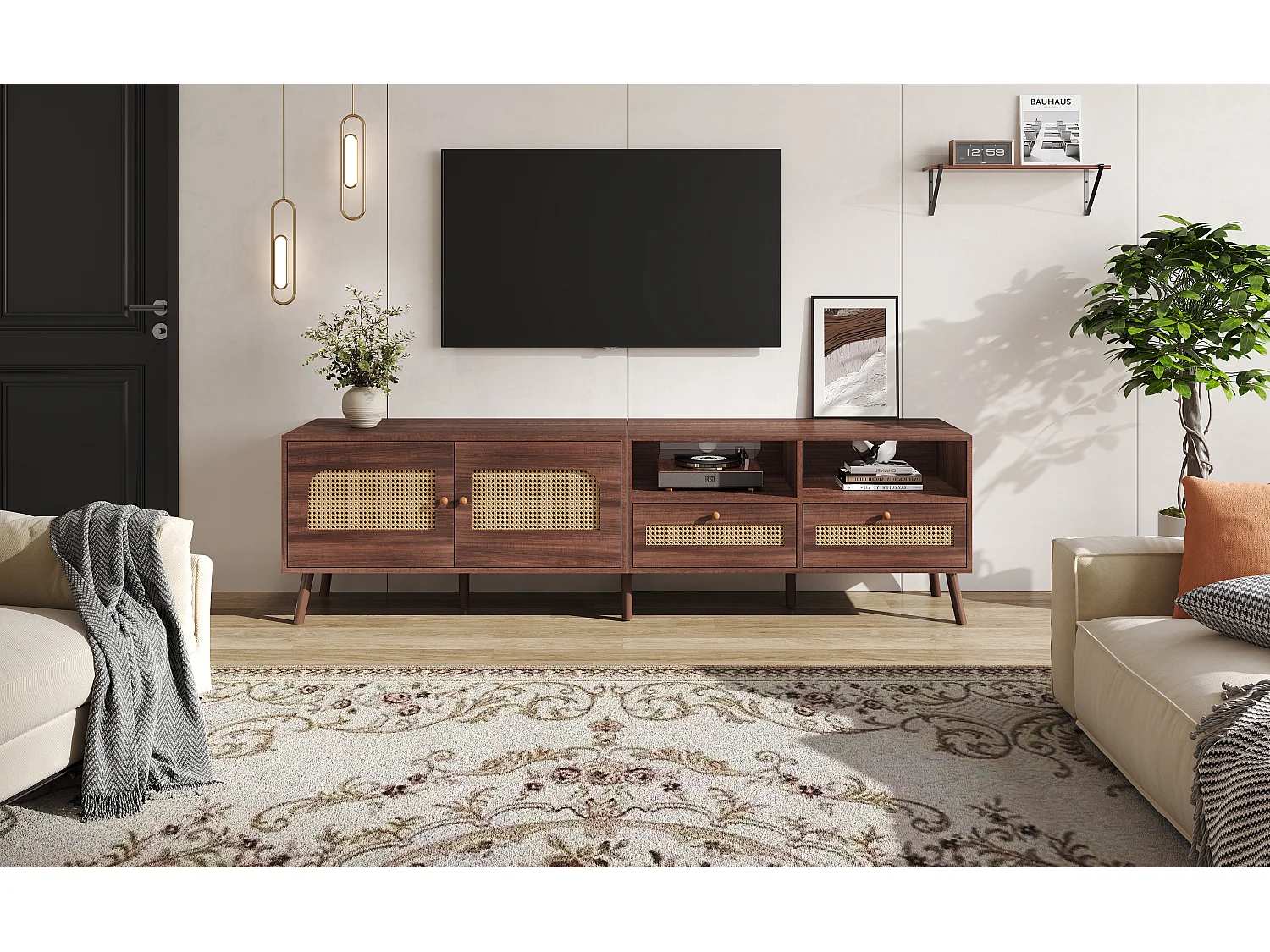 TV Stand 200x37x49.5cm - with 2 rattan doors - 2 drawers - for 80" TVs - Brown