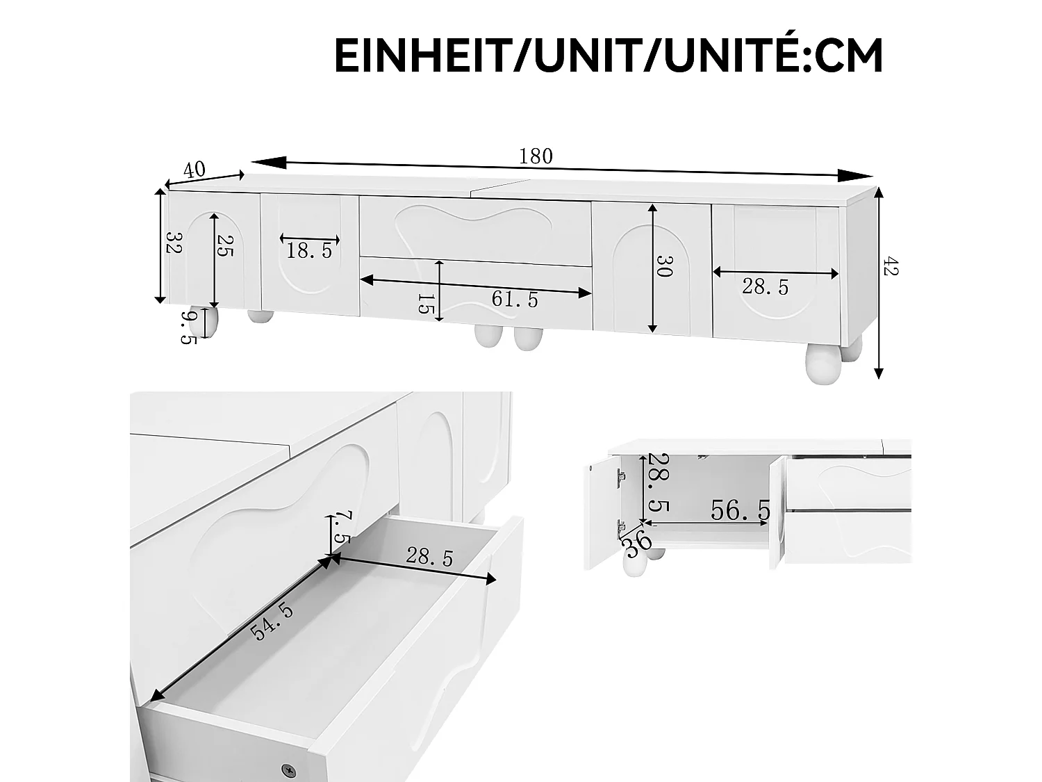 TV Stand 180x40x42 cm - 2 Drawers and 4 Doors - Solid Wood Legs - Particleboard - White