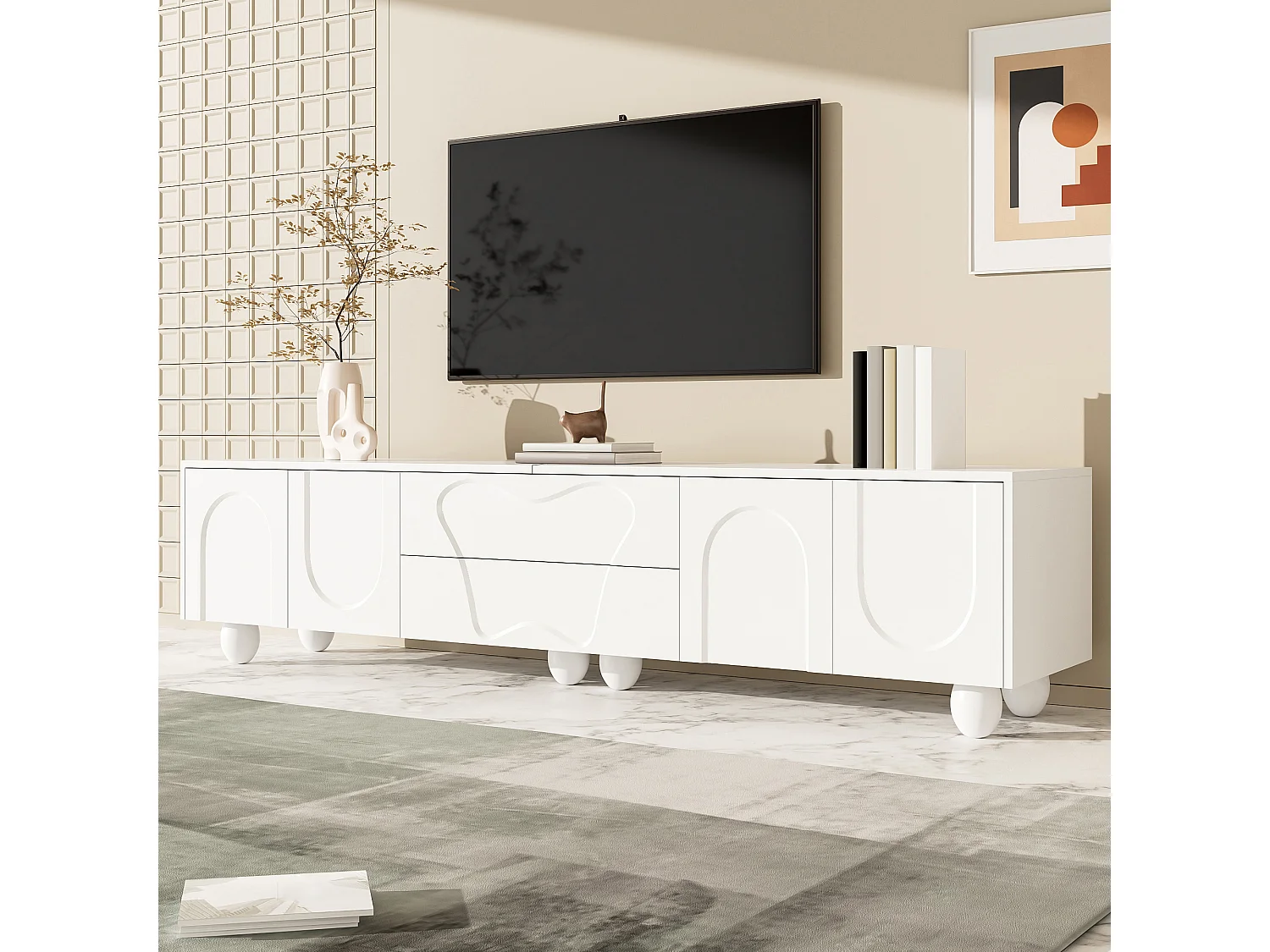 TV Stand 180x40x42 cm - 2 Drawers and 4 Doors - Solid Wood Legs - Particleboard - White