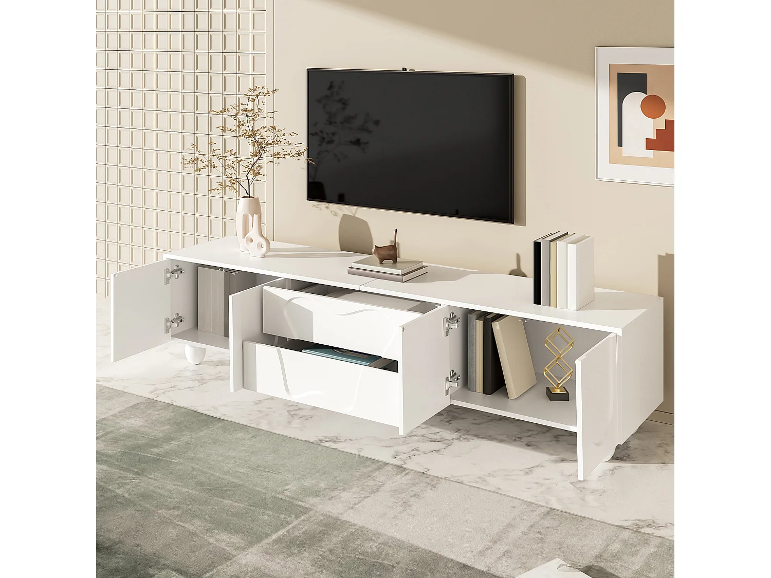 TV Stand 180x40x42 cm - 2 Drawers and 4 Doors - Solid Wood Legs - Particleboard - White