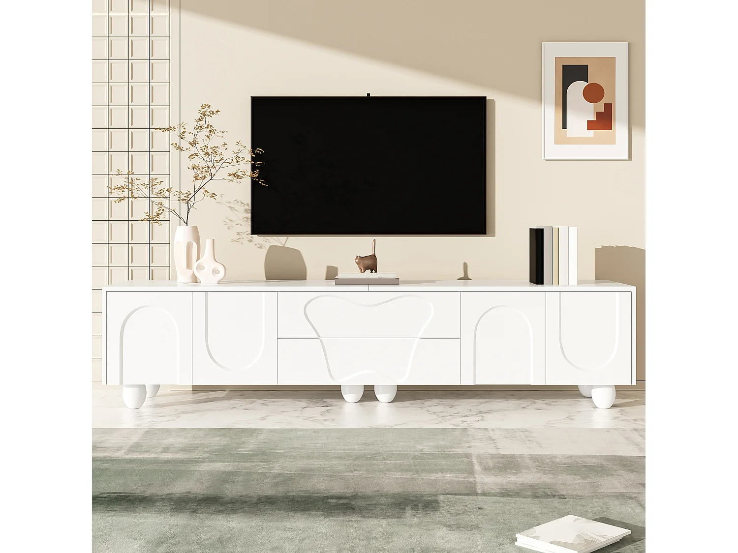 TV Stand 180x40x42 cm - 2 Drawers and 4 Doors - Solid Wood Legs - Particleboard - White