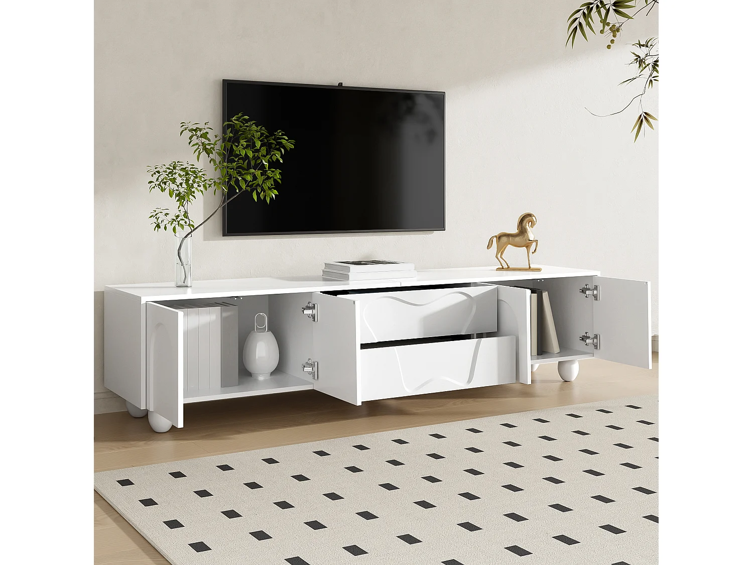 TV Stand 180x40x42 cm - 2 Drawers and 4 Doors - Solid Wood Legs - Particleboard - White
