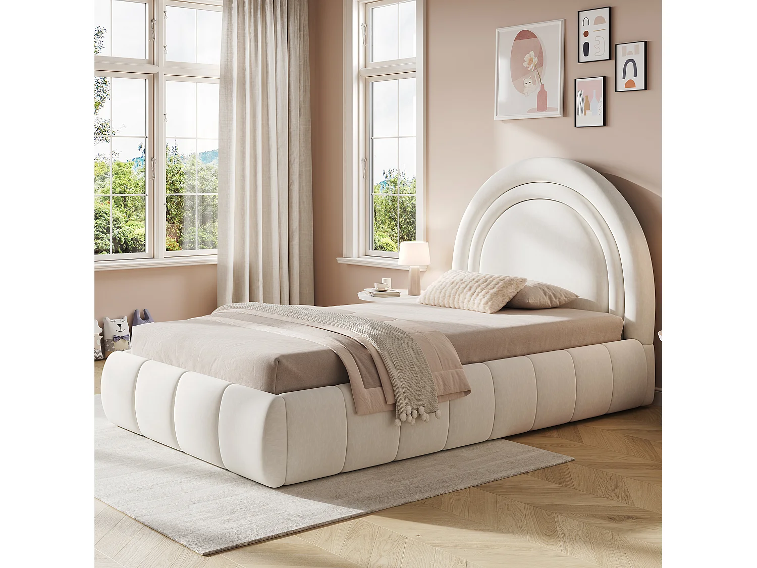 Lit coffre rembourré 90x200 cm - Lit enfant - Tissu velours - Sommier à lattes - Beige (sans matelas)