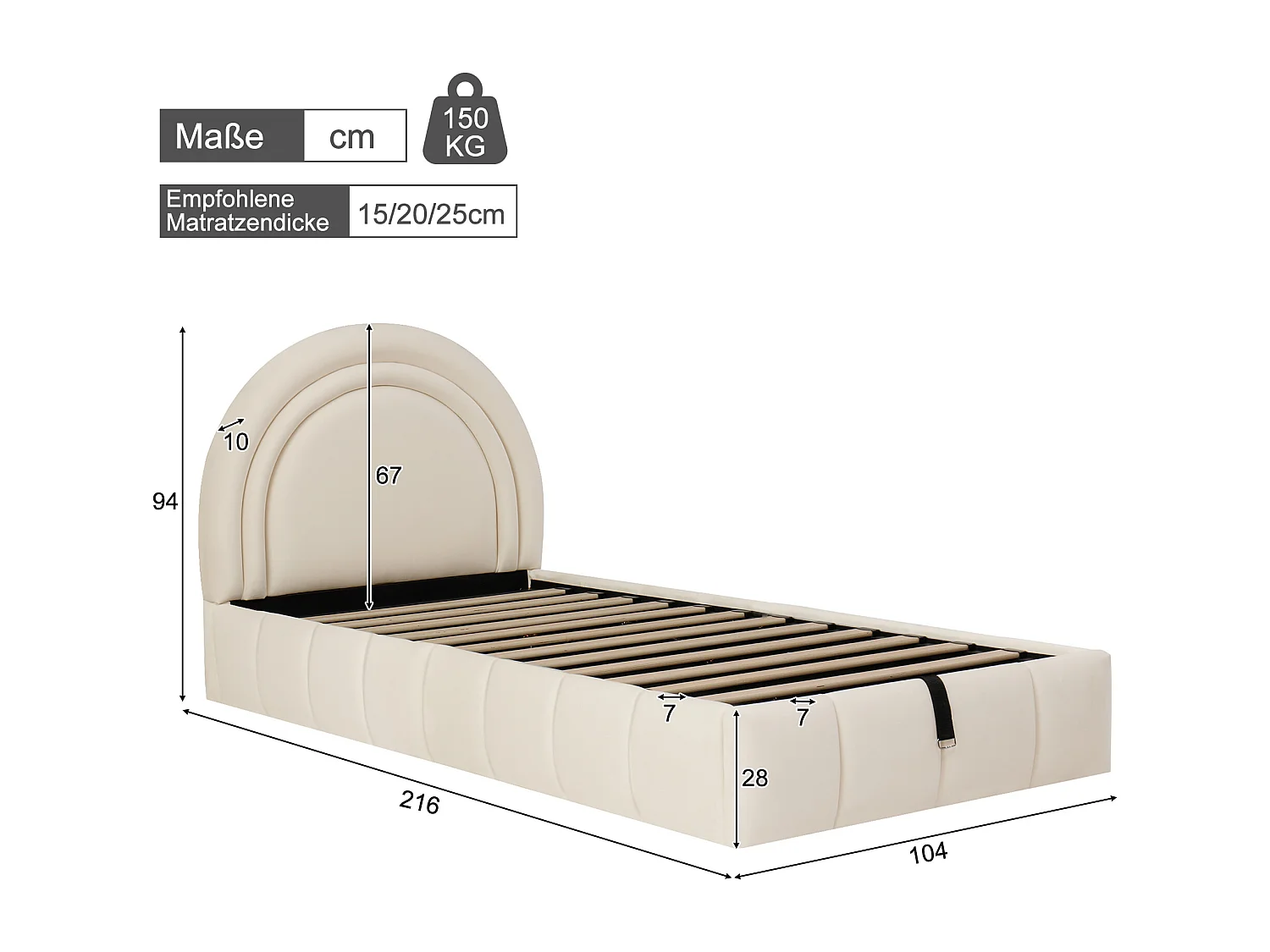 Lit coffre rembourré 90x200 cm - Lit enfant - Tissu velours - Sommier à lattes - Beige (sans matelas)