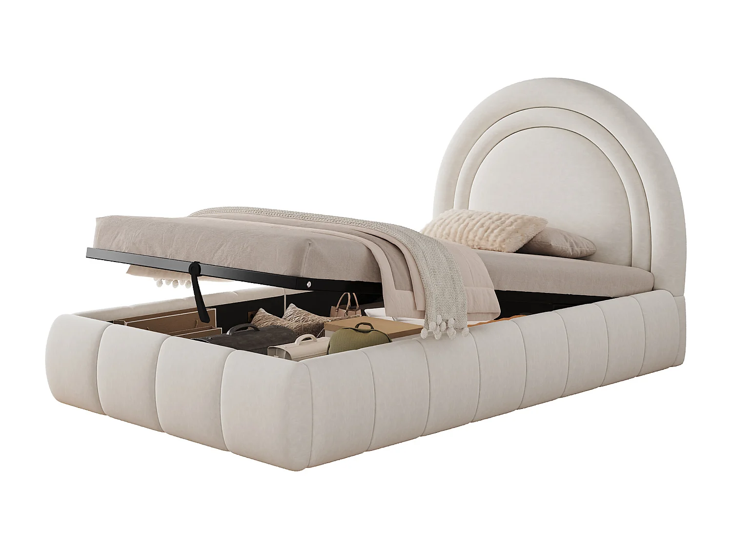 Lit coffre rembourré 90x200 cm - Lit enfant - Tissu velours - Sommier à lattes - Beige (sans matelas)