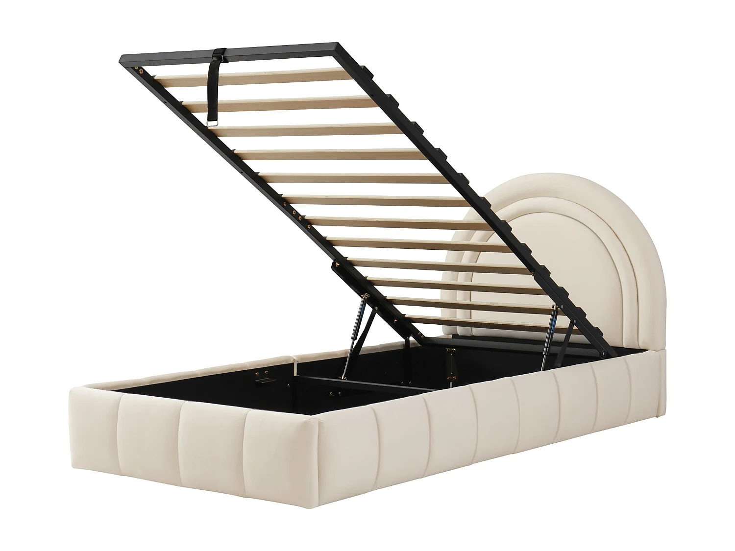 Lit coffre rembourré 90x200 cm - Lit enfant - Tissu velours - Sommier à lattes - Beige (sans matelas)