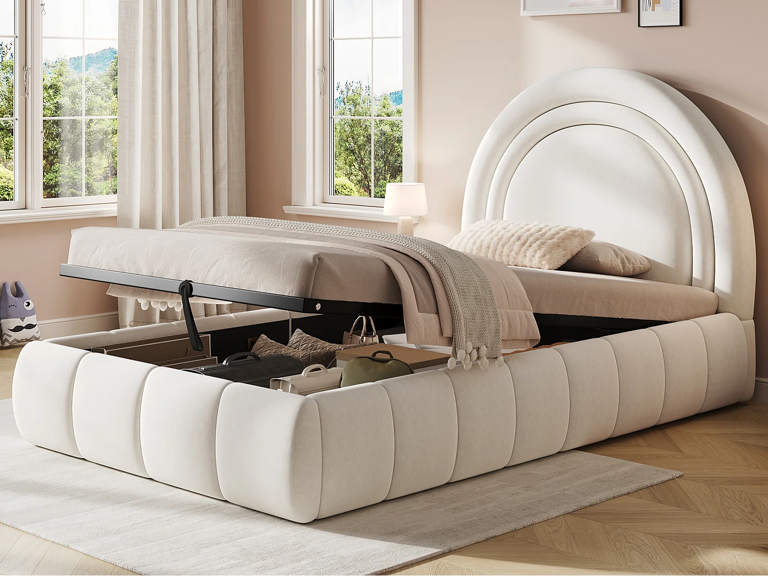 Lit coffre rembourré 90x200 cm - Lit enfant - Tissu velours - Sommier à lattes - Beige (sans matelas)
