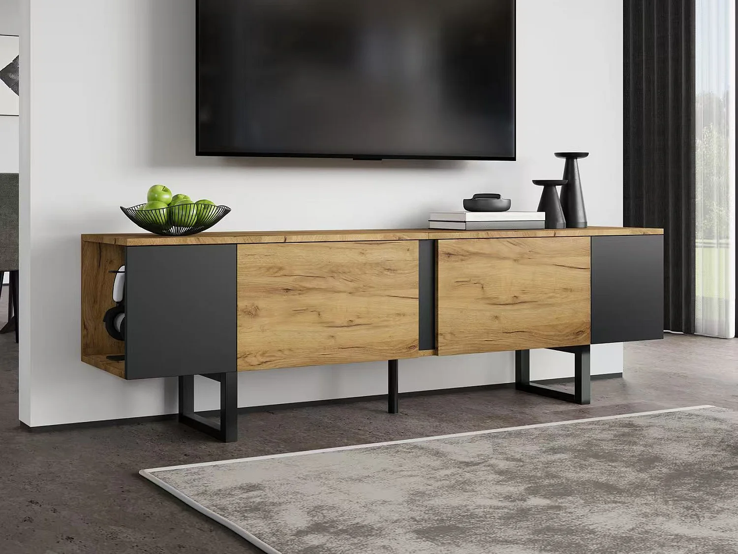 TV Stand 180x40x55 cm - 2 Doors and Open Shelves - Fits TVs up to 75 inches - Particleboard - Natural and Black