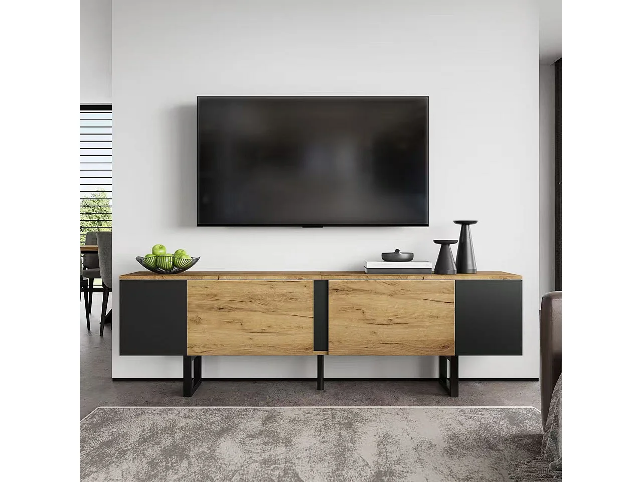 TV Stand 180x40x55 cm - 2 Doors and Open Shelves - Fits TVs up to 75 inches - Particleboard - Natural and Black