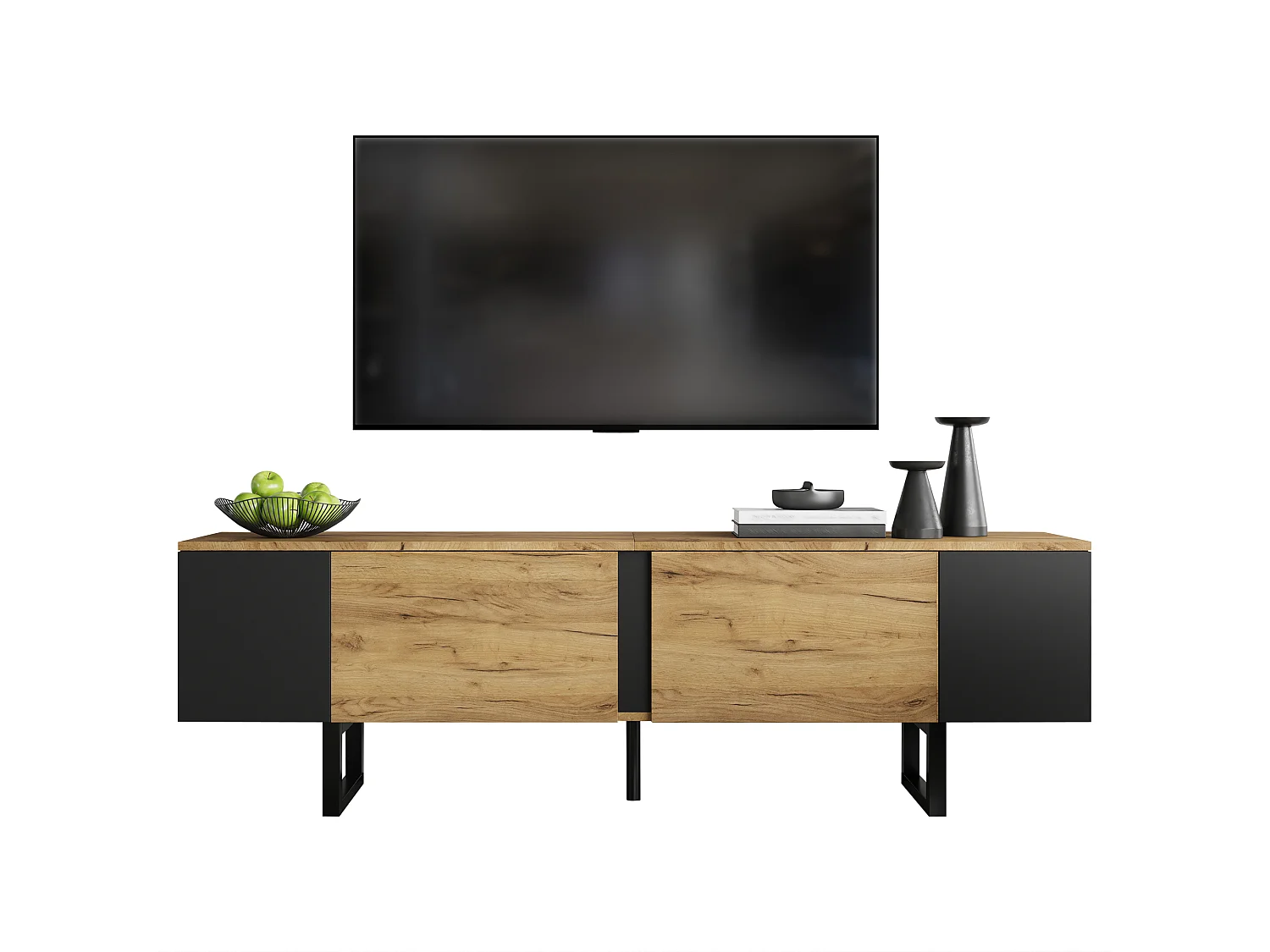 TV Stand 180x40x55 cm - 2 Doors and Open Shelves - Fits TVs up to 75 inches - Particleboard - Natural and Black