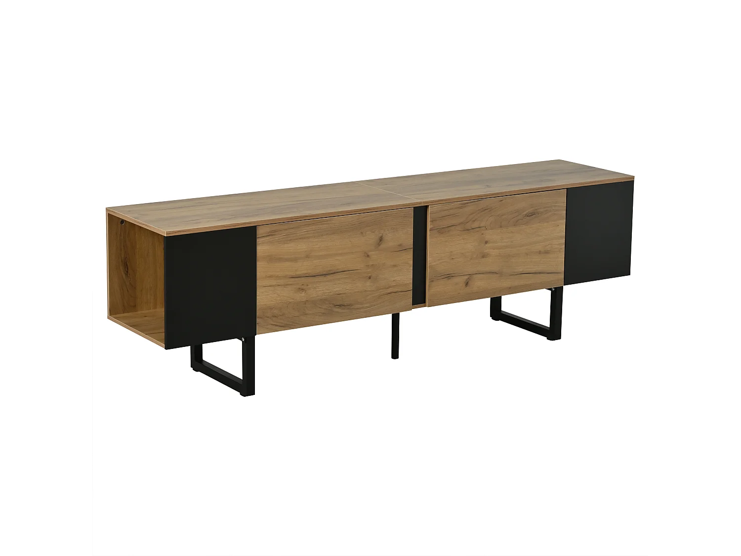TV Stand 180x40x55 cm - 2 Doors and Open Shelves - Fits TVs up to 75 inches - Particleboard - Natural and Black