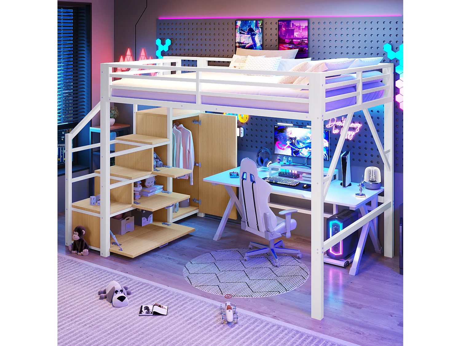 Cama loft em metal 140x200 cm - com arrumação e guarda-roupa - iluminação LED - escada com arrumação - branco (colchão não incluído)