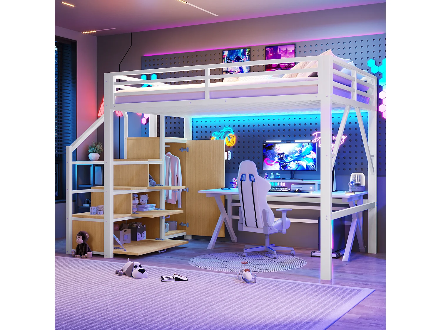 Cama loft em metal 140x200 cm - com arrumação e guarda-roupa - iluminação LED - escada com arrumação - branco (colchão não incluído)