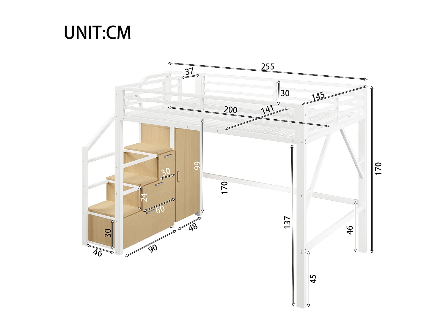 Cama loft em metal 140x200 cm - com arrumação e guarda-roupa - iluminação LED - escada com arrumação - branco (colchão não incluído)