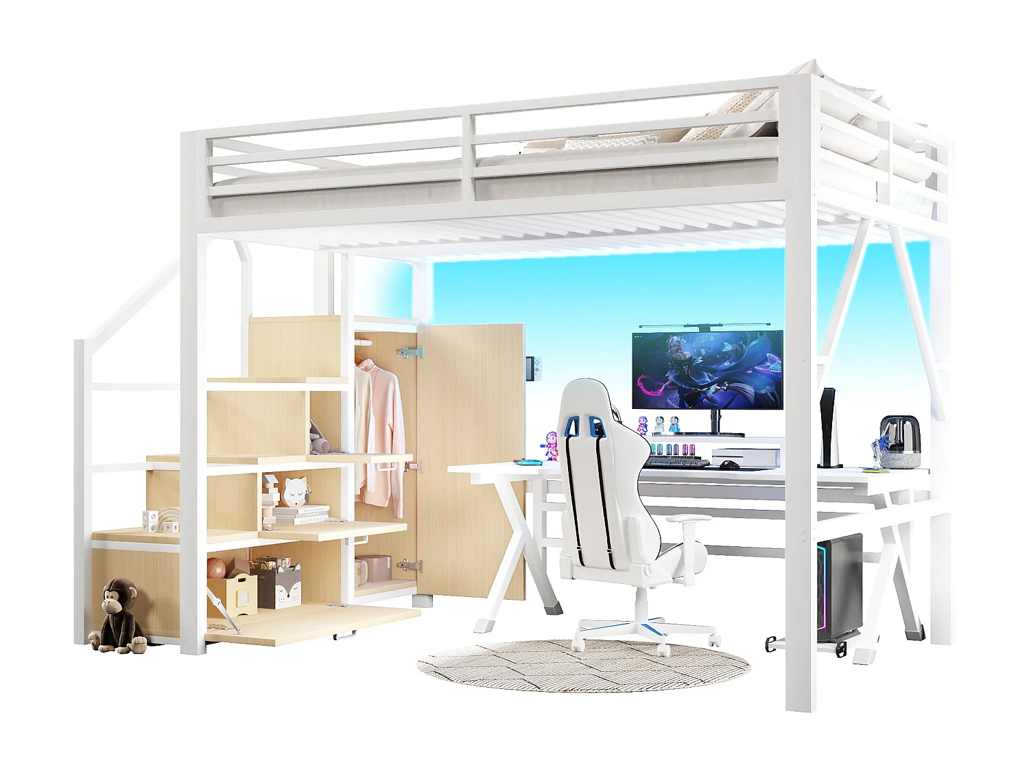 Cama loft em metal 140x200 cm - com arrumação e guarda-roupa - iluminação LED - escada com arrumação - branco (colchão não incluído)
