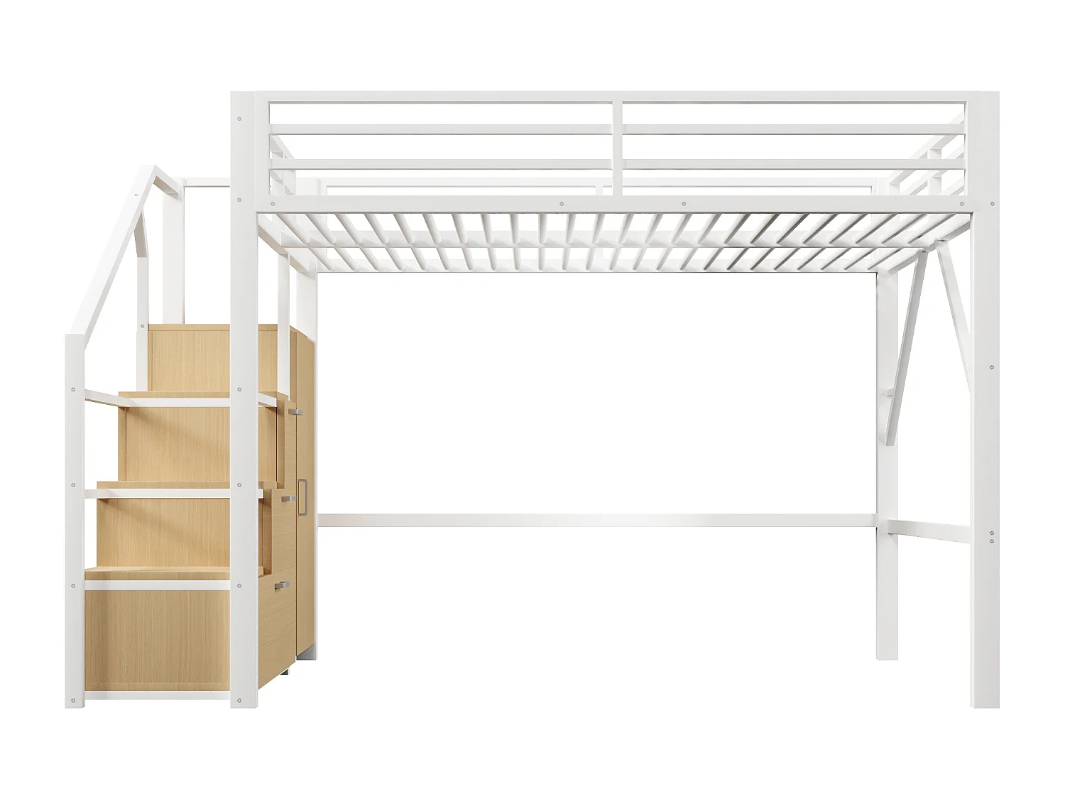 Cama loft em metal 140x200 cm - com arrumação e guarda-roupa - iluminação LED - escada com arrumação - branco (colchão não incluído)