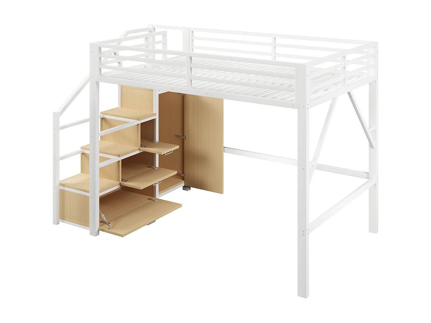 Cama loft em metal 140x200 cm - com arrumação e guarda-roupa - iluminação LED - escada com arrumação - branco (colchão não incluído)