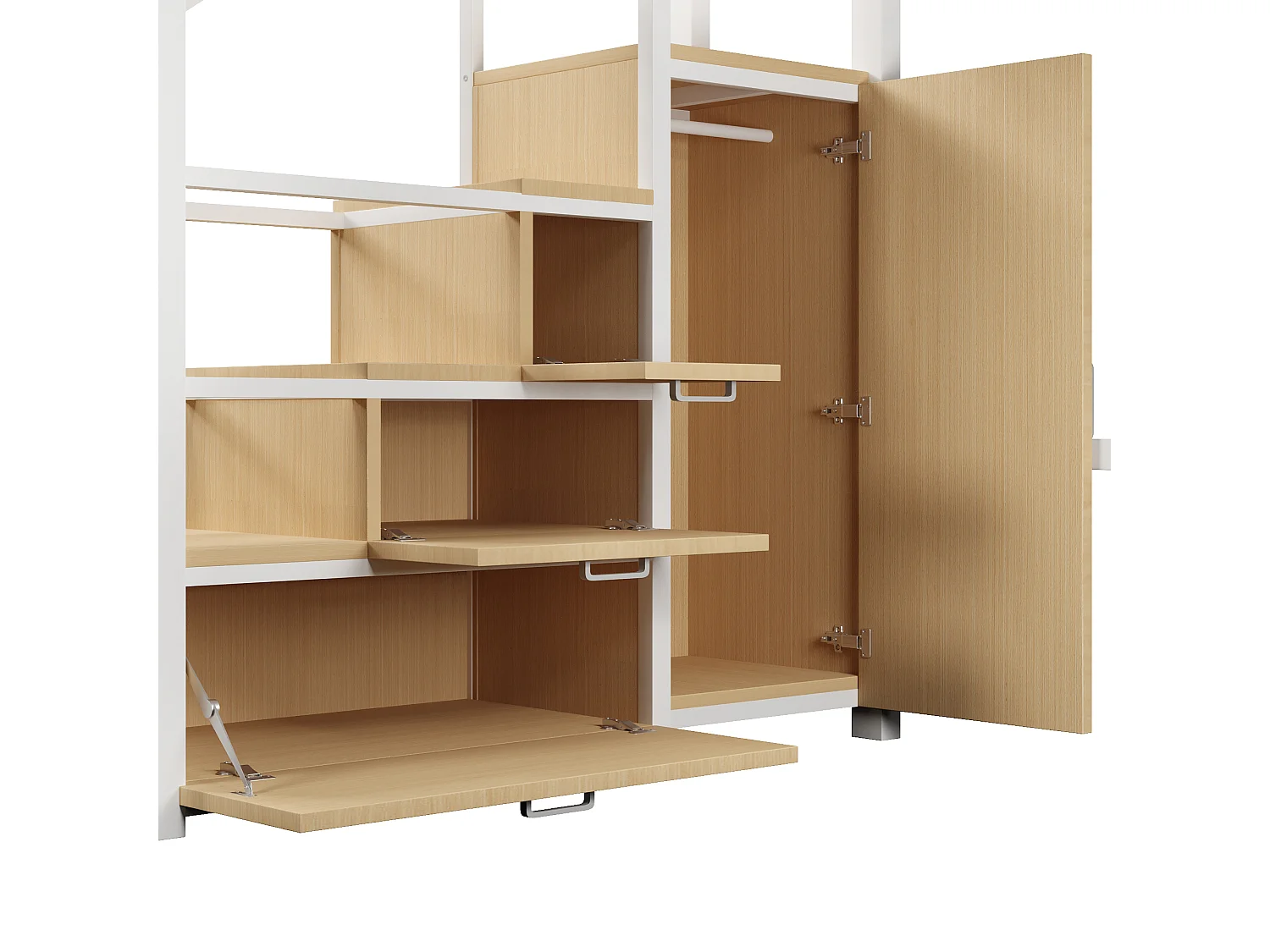 Cama loft em metal 140x200 cm - com arrumação e guarda-roupa - iluminação LED - escada com arrumação - branco (colchão não incluído)