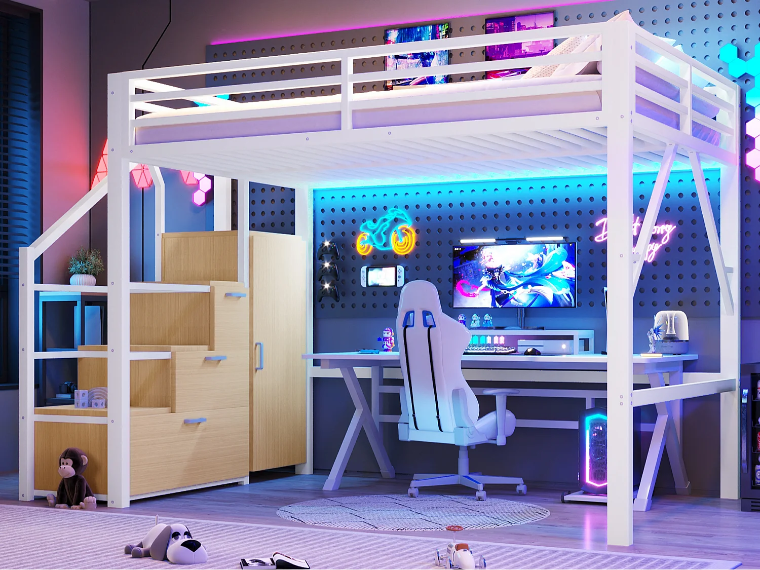 Cama loft em metal 140x200 cm - com arrumação e guarda-roupa - iluminação LED - escada com arrumação - branco (colchão não incluído)