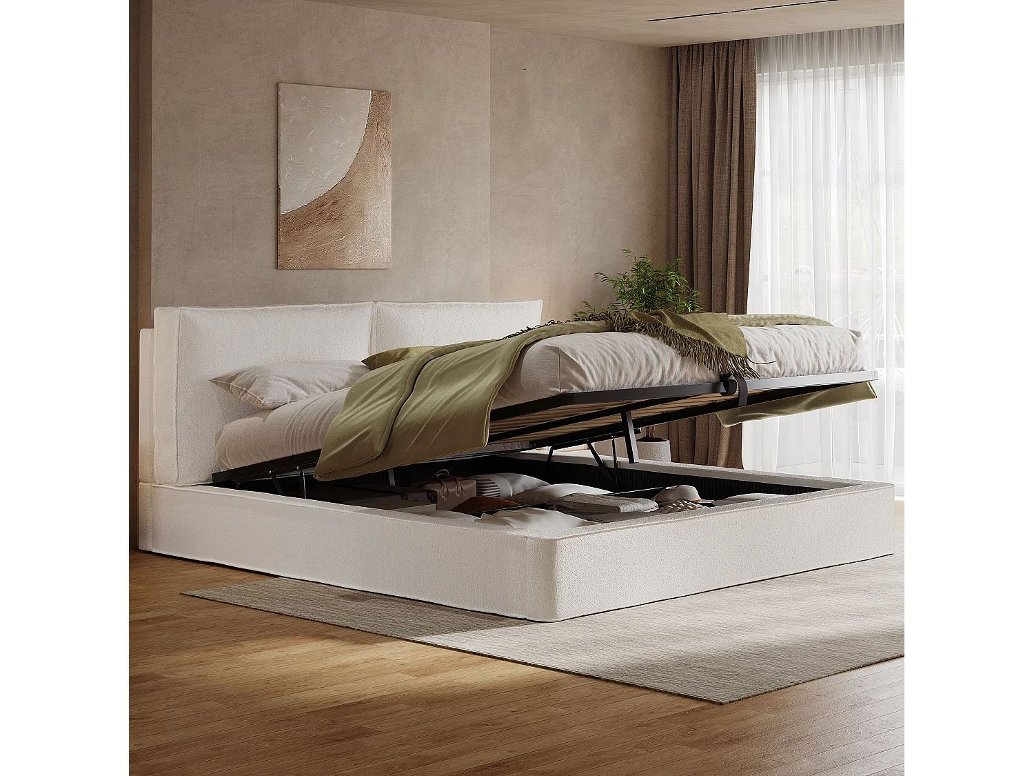 Upholstered storage bed 180 x 200 cm - with slatted base - bouclé fabric - beige (without mattress)
