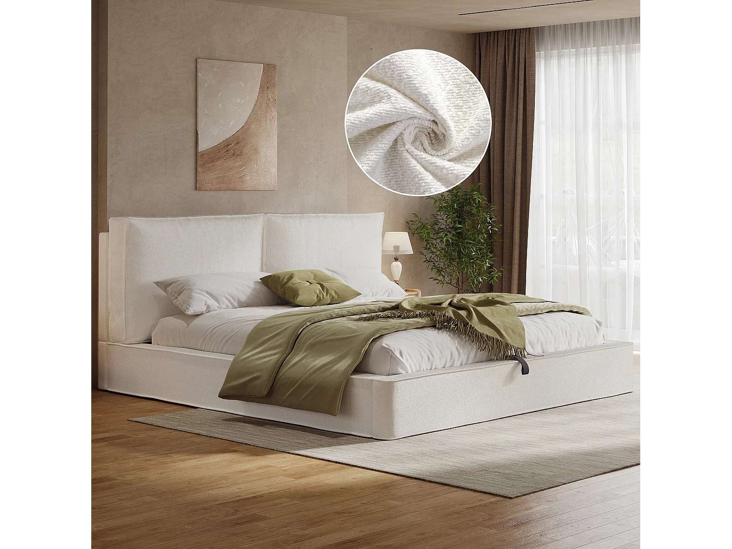 Upholstered storage bed 180 x 200 cm - with slatted base - bouclé fabric - beige (without mattress)