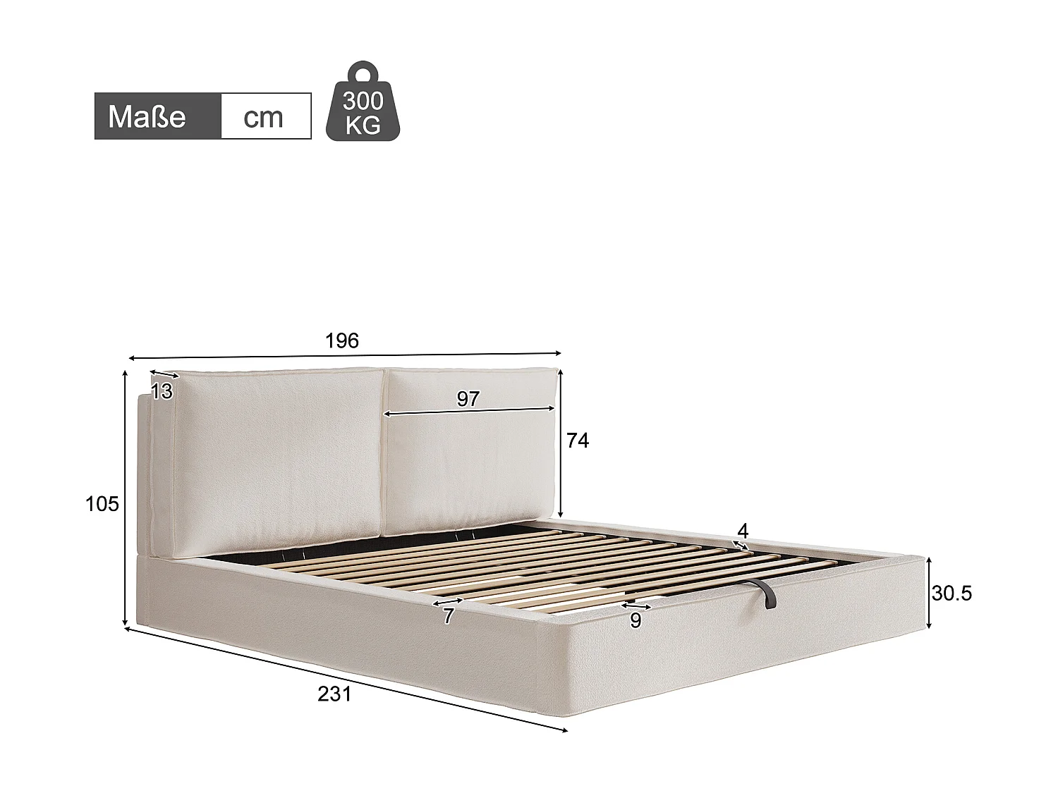 Upholstered storage bed 180 x 200 cm - with slatted base - bouclé fabric - beige (without mattress)