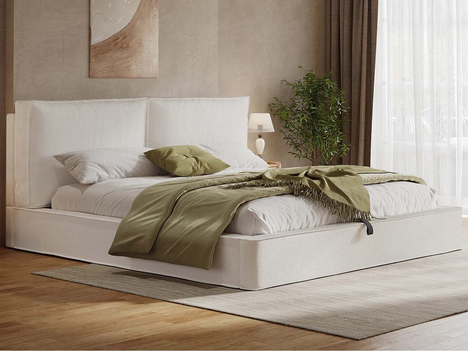 Upholstered storage bed 180 x 200 cm - with slatted base - bouclé fabric - beige (without mattress)