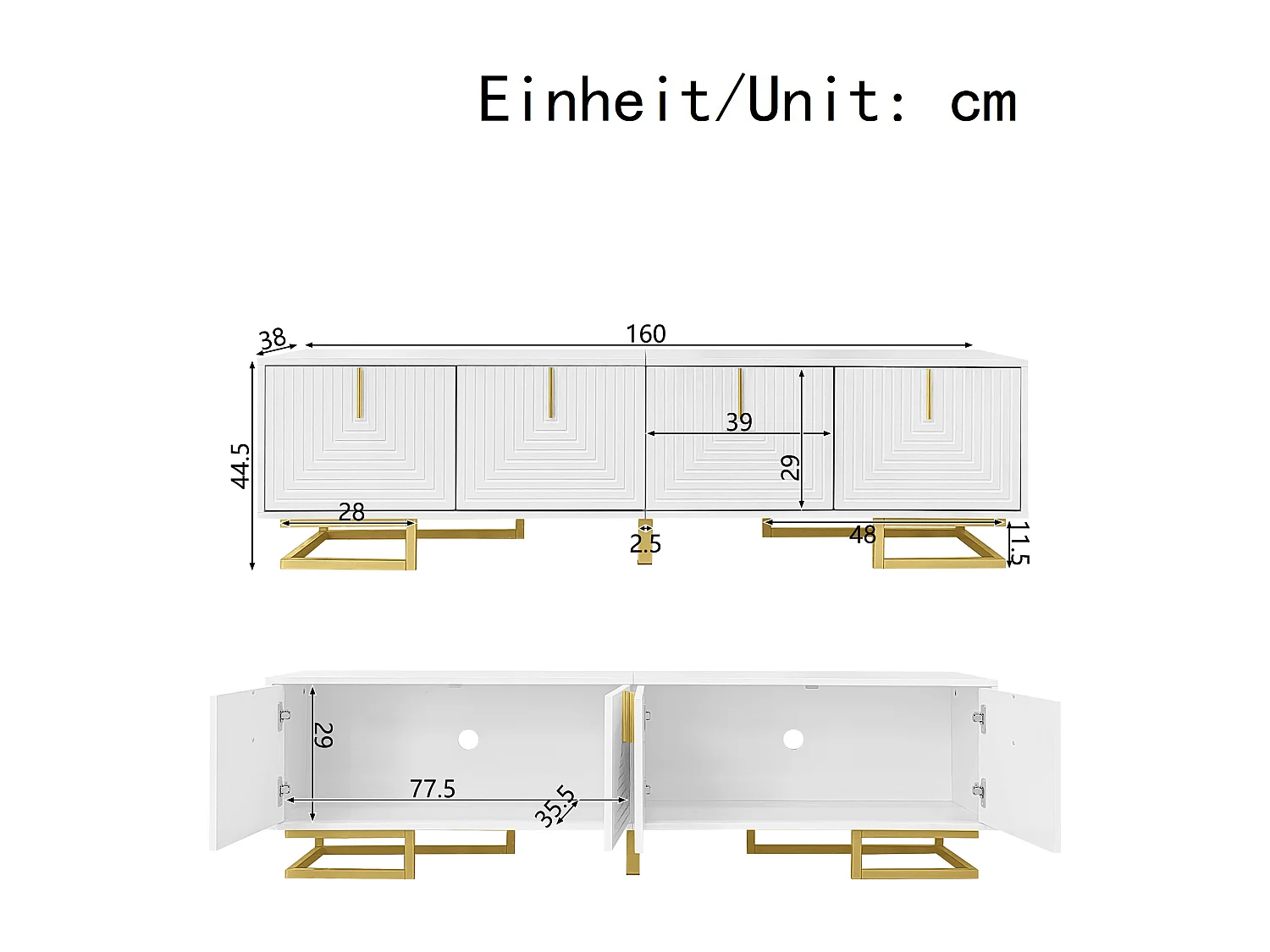 TV Stand 160x38x44.5 cm - 4 Doors - Gold Handles and Legs - Particleboard - White