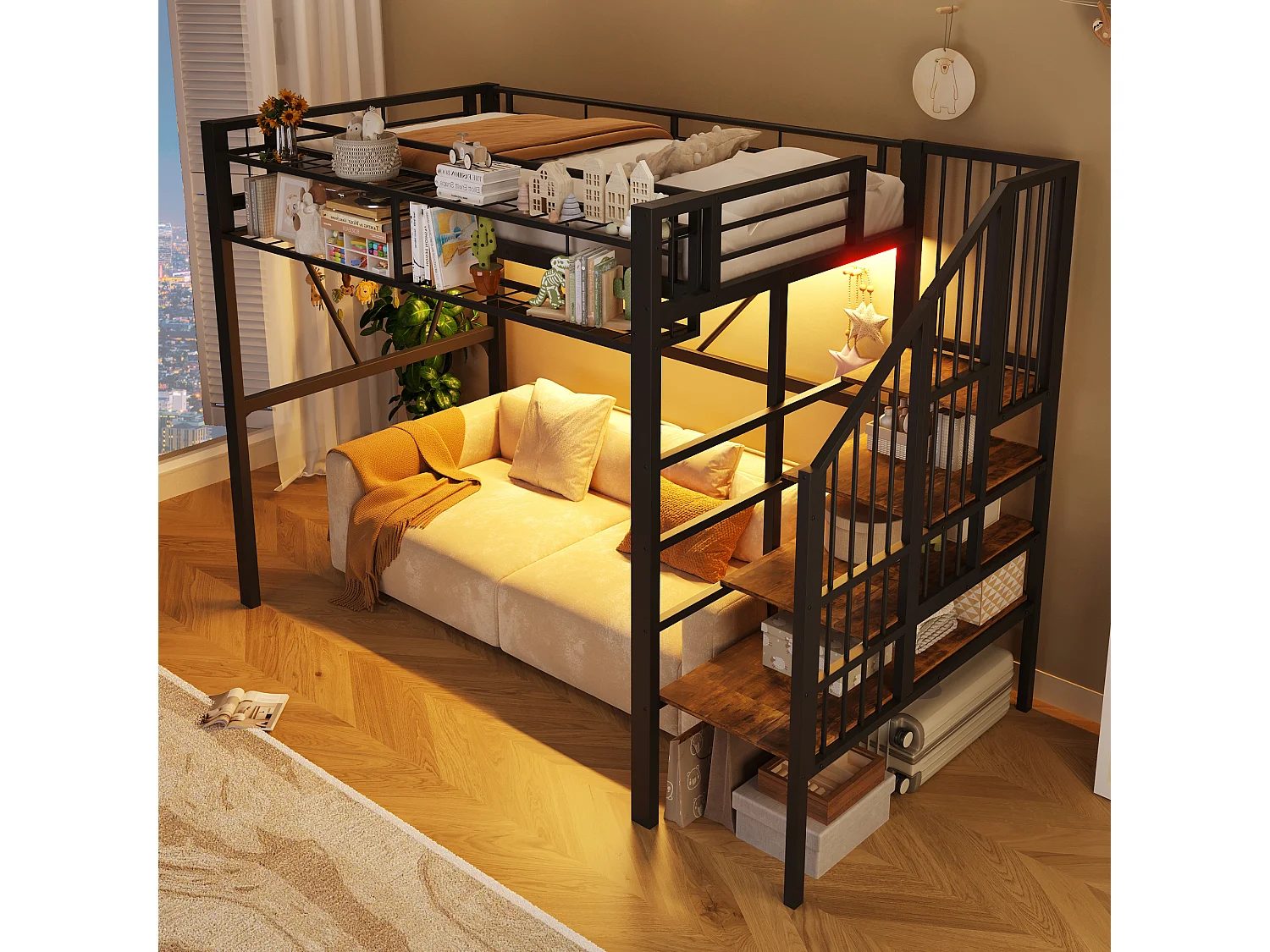 Hochbett 90 x 200 cm - Metallrahmen - mit mehrstufigen Regalen - mit LED-Lichtstreifen - Schwarz (Matratze nicht enthalten)