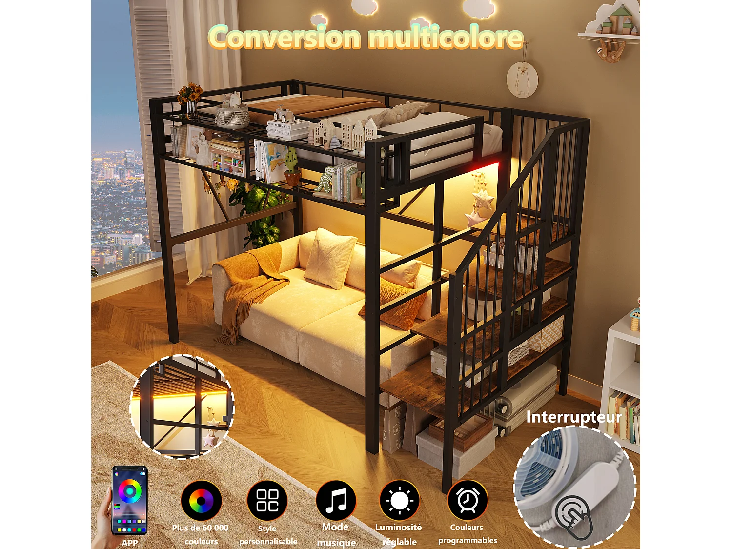 Hochbett 90 x 200 cm - Metallrahmen - mit mehrstufigen Regalen - mit LED-Lichtstreifen - Schwarz (Matratze nicht enthalten)