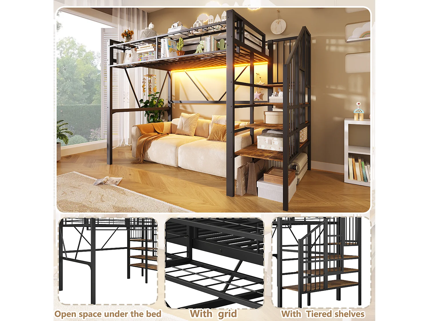 Hochbett 90 x 200 cm - Metallrahmen - mit mehrstufigen Regalen - mit LED-Lichtstreifen - Schwarz (Matratze nicht enthalten)