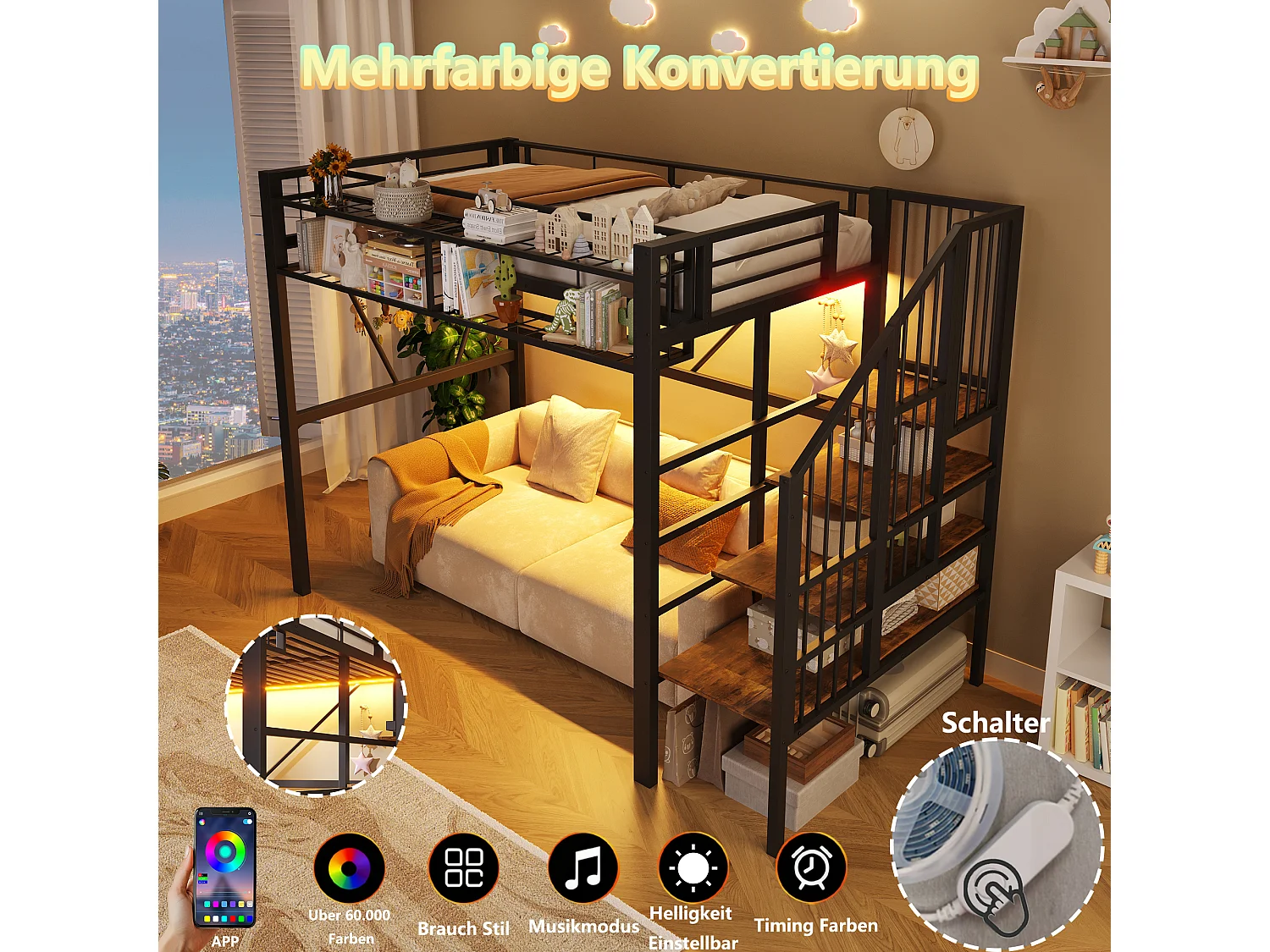 Hochbett 90 x 200 cm - Metallrahmen - mit mehrstufigen Regalen - mit LED-Lichtstreifen - Schwarz (Matratze nicht enthalten)