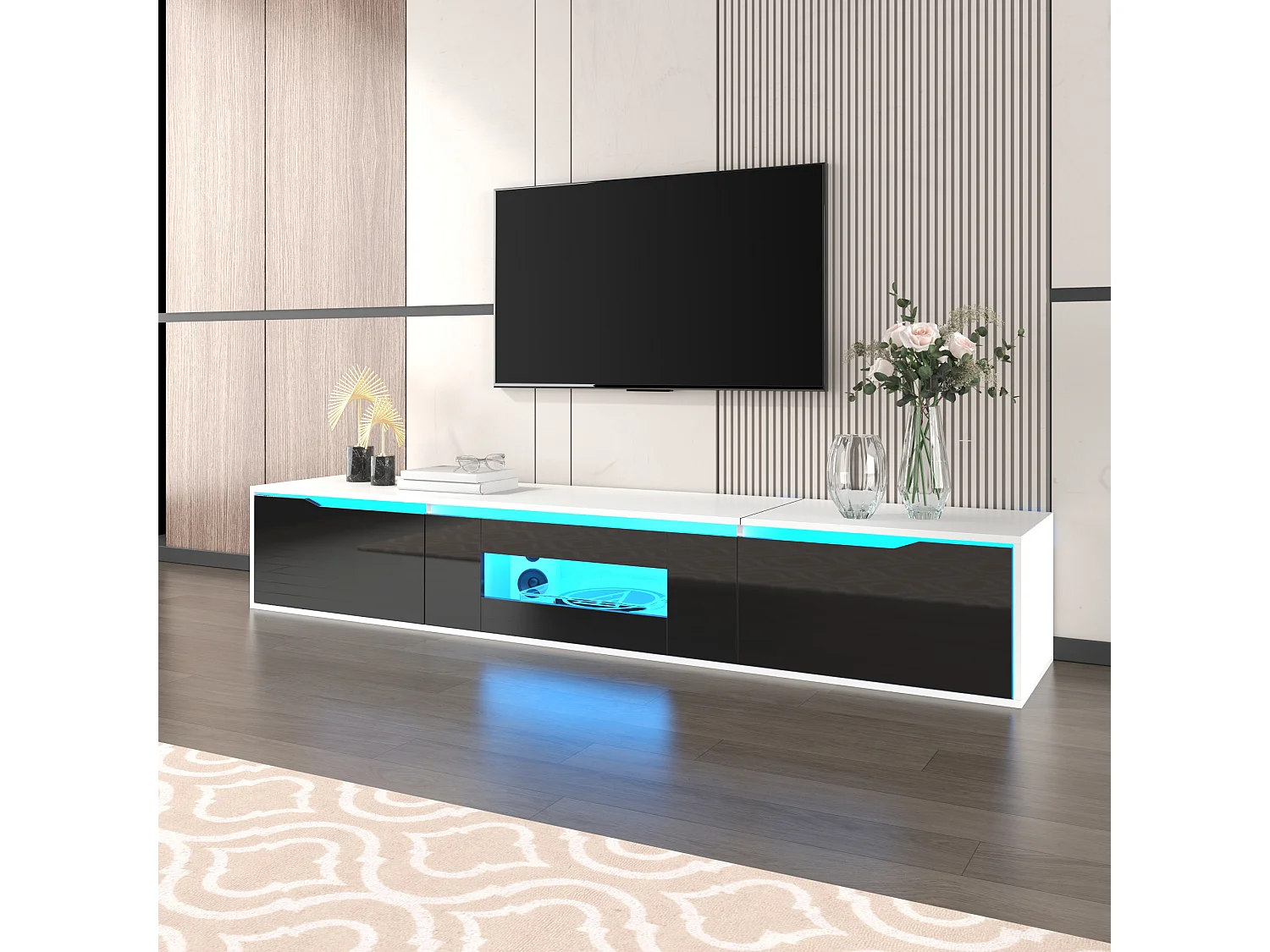 180cm TV stand with color-changing LED light - 3 large compartments - Black