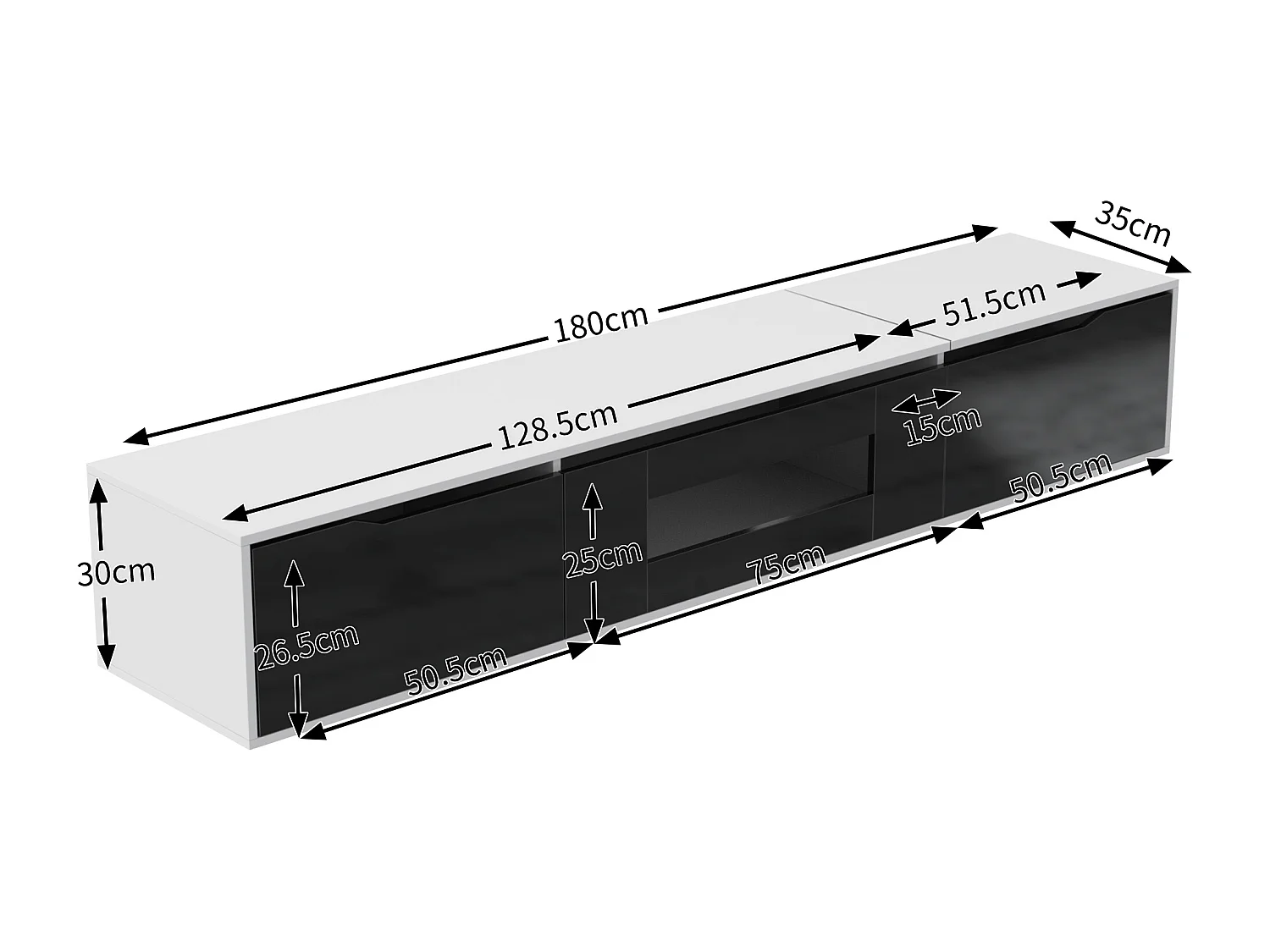 180cm TV stand with color-changing LED light - 3 large compartments - Black