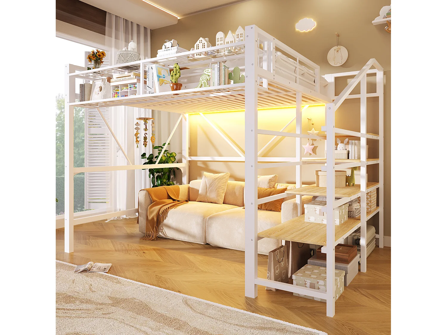 Cama loft 140 x 200 cm - estrutura em metal - com prateleiras de vários níveis - com faixa de luz LED - branco (colchão não incluído)