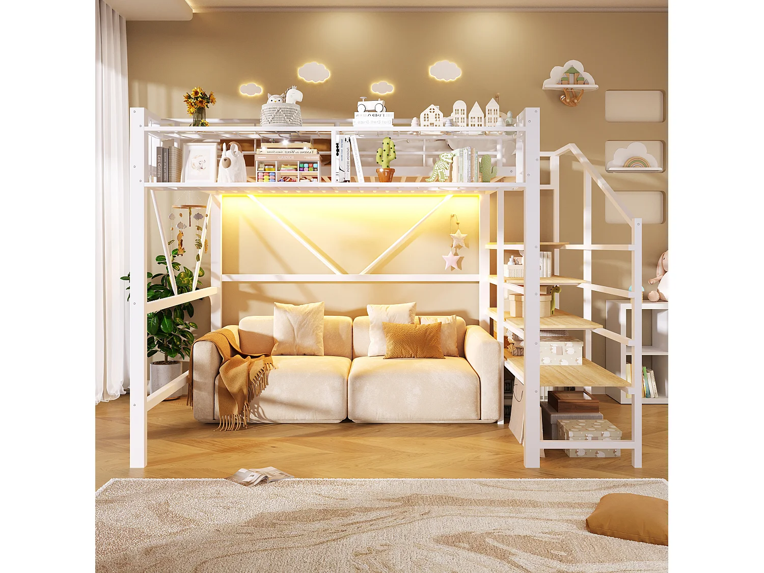 Cama loft 140 x 200 cm - estrutura em metal - com prateleiras de vários níveis - com faixa de luz LED - branco (colchão não incluído)