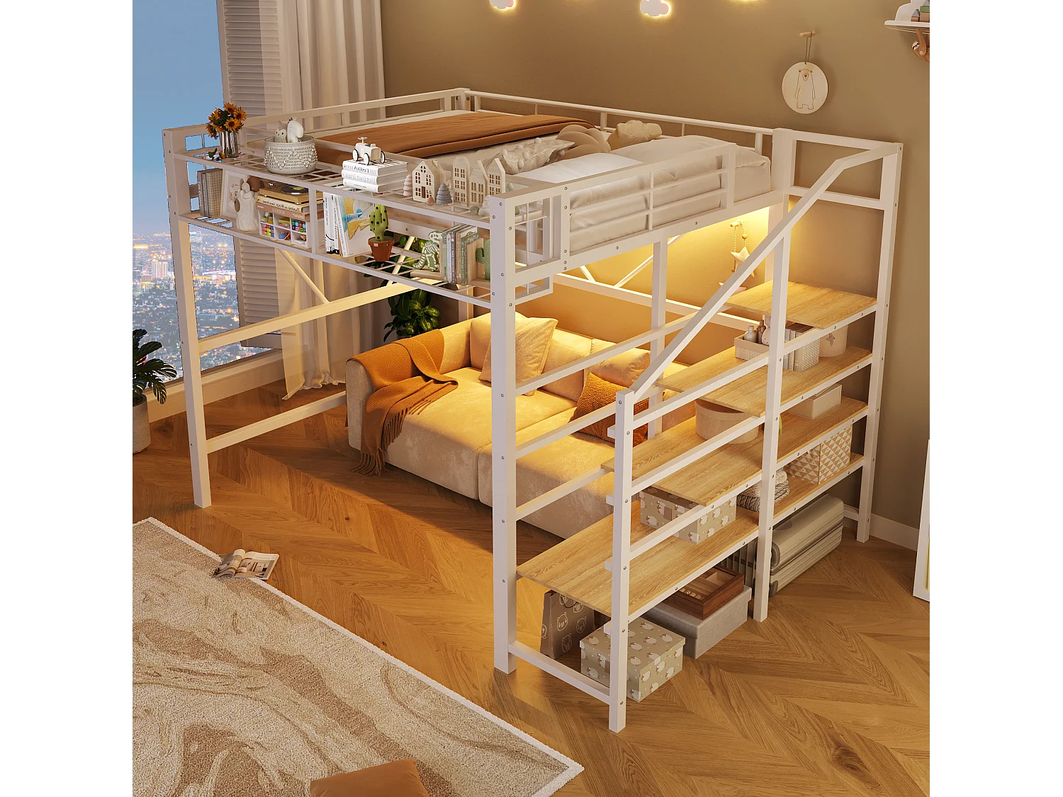 Cama loft 140 x 200 cm - estrutura em metal - com prateleiras de vários níveis - com faixa de luz LED - branco (colchão não incluído)