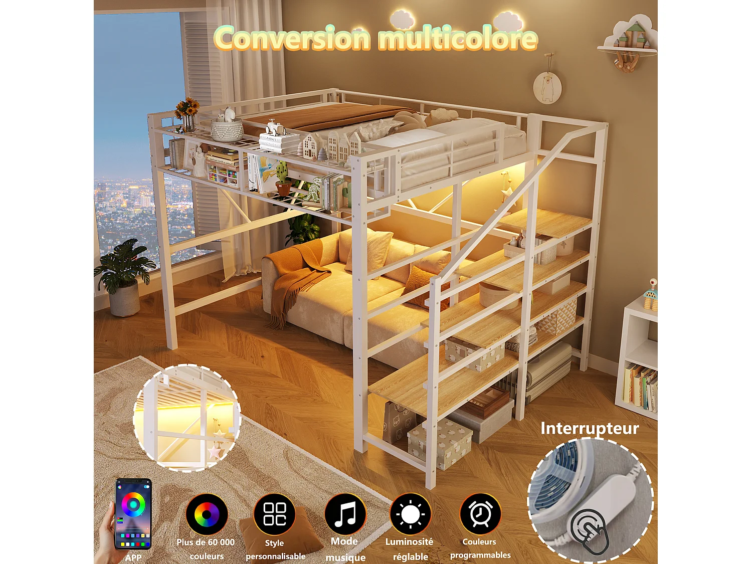 Cama loft 140 x 200 cm - estrutura em metal - com prateleiras de vários níveis - com faixa de luz LED - branco (colchão não incluído)